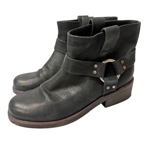 AllSaints Harness Ankle Boots Womens 38 8 Black Leather Moto Studded O-Ring
